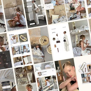Puede incluir: Un collage digital de fotografías de estilo de vida que muestra a una persona con ropa neutra, varios accesorios como gafas y bolsos, interiores y primeros planos de productos de belleza, dispuestos en una cuadrícula con texto superpuesto.