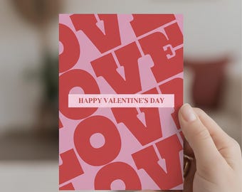 Tarjeta de San Valentín: Love Love Love Pink Typography Happy Valentine