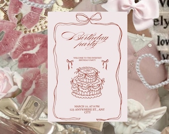 Tarjeta de invitación para fiesta de cumpleaños, diseño de pastel con lazo rosa y beige, elegante invitación de cumpleaños femenina, tarjeta imprimible para fiesta de cumpleaños.