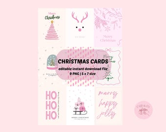Paquete de tarjetas navideñas en tonos pastel, set de tarjetas navideñas estéticas en rosa, paquete de tarjetas navideñas imprimibles, tamaños ajustables, impresiones navideñas listas para póster.