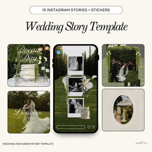 May include: A digital wedding story template set featuring 15 Instagram stories and stickers. The display shows a central smartphone frame with polaroid-style photo layouts, surrounded by various wedding-themed graphic designs and text overlays.
