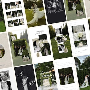 May include: A digital collage of wedding photographs featuring a couple in formal attire, outdoor garden ceremonies, white floral arrangements, tiered cakes, and handwritten script text overlays including "Living With You" and "Wedding Moodboard".