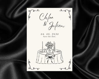 Tarjeta minimalista beige para anunciar la fecha de la boda, elegante invitación de boda, tarjeta moderna sencilla en blanco y negro, plantilla imprimible para anunciar la fecha de la boda.