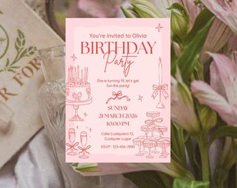 Tarjeta de cumpleaños rosa para niñas, tarjeta para fiesta de cóctel con champán y pastel de lazo, linda y femenina felicitación de cumpleaños brillante, descarga digital imprimible