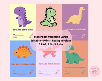 Tarjetas de San Valentín editables con dinosaurios para el aula: etiquetas de regalo imprimibles para niños, set de San Valentín con dinosaurios coloridos, descarga instantánea