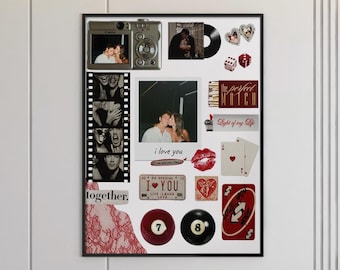 May include: A framed collage with a vintage camera, film strip, photos, and romantic elements. Includes a vinyl record, playing cards, dice, and the text "I love you". The color scheme is primarily red, black, and white.