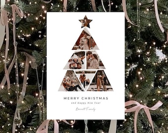 Plantilla de tarjeta navideña familiar, tarjeta navideña con foto de árbol, Feliz Navidad y próspero Año Nuevo, tarjeta navideña personalizada con foto, tarjeta editable