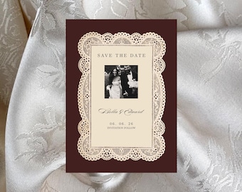 Tarjeta elegante, invitación de boda con encaje marrón y beige, plantilla fotográfica, invitación de boda rústica de lujo, invitación editable, tarjeta de boda romántica