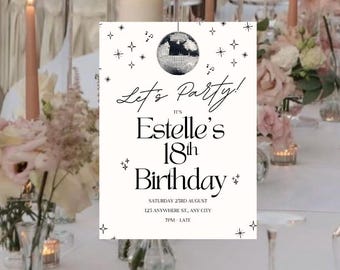 Tarjeta de cumpleaños con bola de discoteca, tarjeta minimalista en negro y crema, invitación a fiesta retro chic, tarjeta de cumpleaños imprimible, tarjeta de cumpleaños estética.