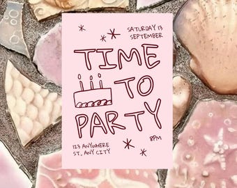 Tarjeta de cumpleaños con cereza rosa, invitación para una fiesta, diseño de pastel bonito, tarjeta de fiesta brillante, invitación de cumpleaños imprimible