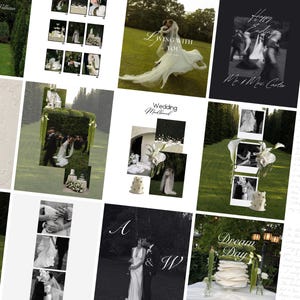 May include: A digital collage featuring multiple wedding photographs, including shots of a couple in formal attire, a tiered white cake, floral arrangements, and handwritten script text overlays such as Living With You and Dream Day.