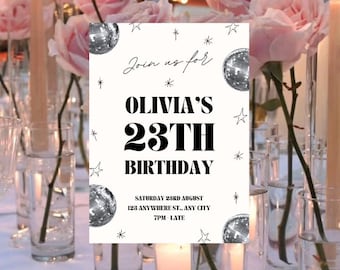 Tarjeta de cumpleaños con bola de discoteca estética / Fiesta disco / Tarjeta de cumpleaños número 23 / Crema y negro imprimible