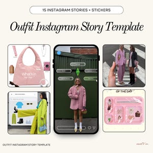 Può includere: Un set grafico digitale intitolato 15 Instagram Stories + Stickers e Outfit Instagram Story Template. Mostra vari layout con una borsa rosa con il testo What's in my bag, un'interfaccia smartphone con un diamante in stile Sims e fotografie di moda.