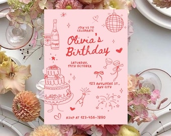 Tarjeta de cumpleaños rosa: tarjeta de felicitación estética, diseño de pastel y champán, tarjeta de cumpleaños editable