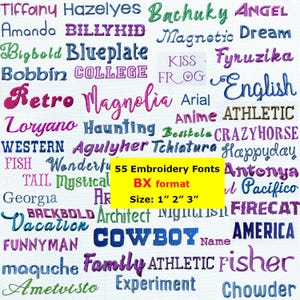 Puede incluir: Una colección de 55 fuentes de bordado en varios estilos y colores, incluyendo fuentes de escritura, negritas y decorativas. La imagen incluye el texto "55 Embroidery Fonts", "BX format" y los tamaños 2.5cm, 5cm y 7.6cm.