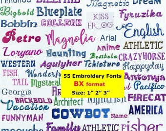 May include: A collection of 55 embroidery fonts in various styles and colors, including script, bold, and decorative fonts. The image includes the text "55 Embroidery Fonts," "BX format," and sizes 1", 2", and 3".