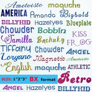 Op de afbeelding: Een verzameling geborduurde tekstvoorbeelden in verschillende lettertypen en kleuren, waaronder blauw, groen en roze. De tekst bevat woorden als "America", "Retro" en "English". De grootte wordt aangegeven als 2.5cm, 5cm en 7.6cm in BX-formaat.