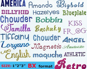 May include: A collection of embroidered text samples in various fonts and colors, including blue, green, and pink. The text includes words like "America", "Retro", and "English". The size is indicated as 1", 2", and 3" in BX format.