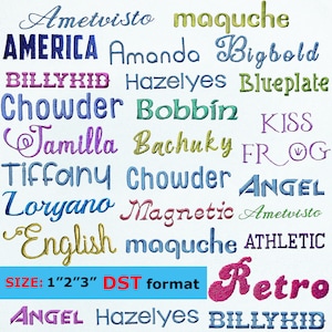 May include: A collection of embroidered text samples in various fonts and colors, including blue, green, pink, and gold. The text includes words like "America", "Retro", and "English". The size is 1"2"3" in DST format.