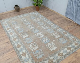 Vintage Oushak Wool Rug, Brown Blue Geometric Turkish Carpet (5.2 x 7.8 FT)