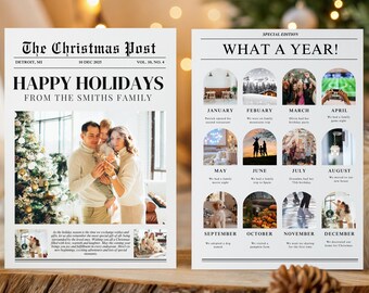 Tarjeta navideña de resumen del año, Tarjeta navideña de "Qué año", Plantilla de tarjeta festiva de resumen del año, Plantilla de boletín navideño editable V1