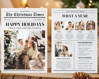 Tarjeta navideña de resumen del año, Tarjeta navideña de "Qué año", Plantilla de tarjeta festiva de resumen del año, Plantilla de boletín navideño editable V1