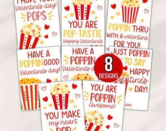 Popcorn Valentines Day Cards, Poppin Valentine Tags, Printable School Classroom Valentines, Valentine Popcorn Stickers, Classroom Valentines