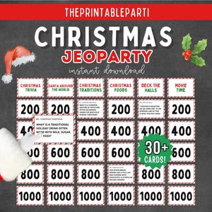 May include: A Christmas Jeopardy game board with categories including Christmas Trivia and Movie Time. The game board has a red and white border with point values from 200 to 1000. The text "instant download" is also visible.