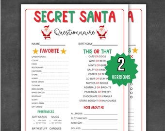 Secret Santa Questionnaire, Christmas Gift Exchange Survey, Printable Secret Santa Survey, Gift Exchange Questionnaire Work Secret Santa