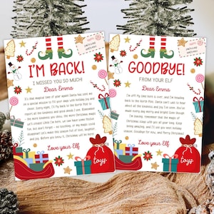 May include: Two Christmas cards with festive illustrations. One card reads "I'm Back!" and the other says "Goodbye!" Both cards feature elf shoes, candy canes, and gift illustrations. The cards are decorated with holiday elements.
