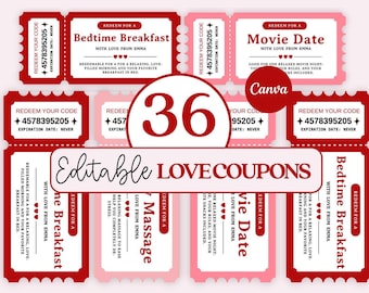 Editable Valentines Love Coupon Book, Couples Coupon Book, Romantic Love Vouchers, Printable Love Coupons Book For Him, Canva Love Coupons