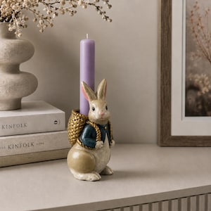 Plaster Rabbit Candle Holder, Whimsical Bunny Candlestick for Thin Taper Candles, Cottagecore Easter and Spring Decor