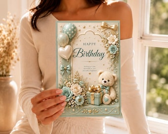 Happy Birthday Card, Mint Green Floral Birthday, Luxury Gold Teddy Bear Card, Pastel Balloon & Gift, Elegant Greeting