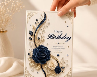 Birthday Greeting Card, Royal Blue Rose Birthday Soiree, Luxury Gold Filigree Invite, Crystal Accents, Elegant Birthday Card