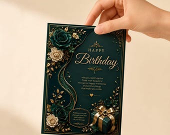 Emerald Green Floral Birthday Card, Gold Velvet Soiree Invite (Digital Download)