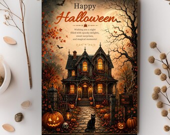 Tarjeta gótica de Halloween, casa encantada, gato negro, otoño (descarga digital)