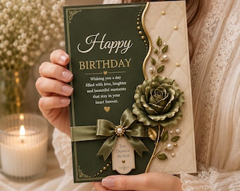 Luxury Floral Birthday Greeting Card with 3D Rose, Satin Bow & Gold Botanical Details – Elegant Green Birthday Gift for He