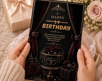 Luxury Black Gold Birthday Card, Dark Floral Velvet Roses (Digital Download)