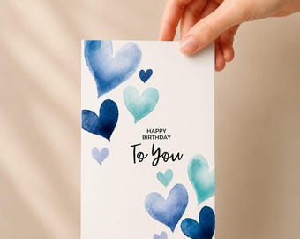 Birthday Card Template, Blue Watercolor Hearts, Teal and Navy Love Hearts Invite, Minimalist Birthday Greeting Card, Printable Birthday Card