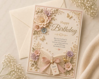 Tarjeta de cumpleaños floral en tonos pastel para imprimir, tarjeta de felicitación de lujo con diseño de libro y mariposa para descargar digitalmente, plantilla de tarjeta de cumpleaños original para ella.
