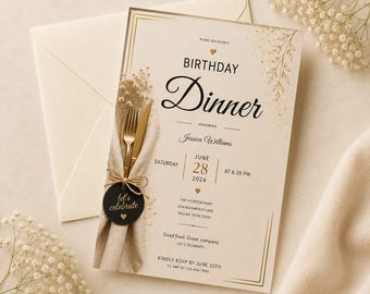 Plantilla de invitación para cena de cumpleaños, elegante invitación para fiesta en dorado y tonos neutros, invitación imprimible para cena de celebración, invitación editable para eventos.