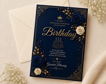 Tarjeta de cumpleaños azul marino y dorada con rosas azul rey, elegante diseño floral, tarjeta de felicitación de lujo, regalo romántico para ella.