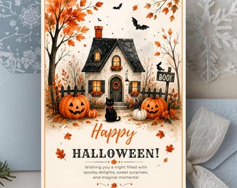 Tarjeta de Halloween imprimible, linda y acogedora tarjeta de felicitación de Halloween con diseño de cabaña en acuarela (descarga digital), plantilla de tarjeta de gato negro otoñal espeluznante