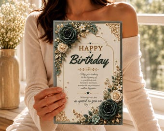 Elegante tarjeta de cumpleaños verde salvia para imprimir, tarjeta de felicitación floral de lujo para descargar digitalmente, plantilla de tarjeta de cumpleaños botánica para ella.