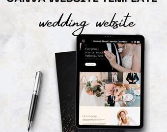 May include: A digital tablet displaying a wedding website template with the text "CANVA WEBSITE TEMPLATE" and "wedding website." A pen and a black card are on the left. The tablet shows images of a wedding.