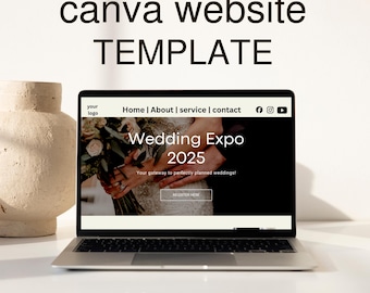 May include: A laptop displaying a wedding website template. The screen shows "Wedding Expo 2025" with a photo of a bride and groom. The text "canva website TEMPLATE" and "wedding website" are also visible.