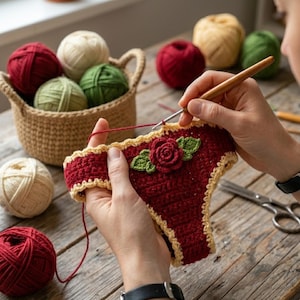 May include: A person is crocheting a pair of red underwear with a rose and leaf design. The underwear has a yellow trim. A basket of yarn balls in red, green, and cream colors sits nearby. A crochet hook and scissors are also visible.