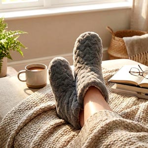 May include: A cozy scene featuring gray, plush slipper socks. A person is relaxing on a beige blanket with a cup of coffee, a book, and a fern in the background. The slippers have a textured, wavy pattern.