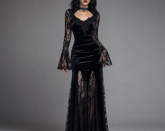 Gothic-Maxikleid aus Spitze – Ausgestellte Ärmel, V-Ausschnitt, Dunkle Clubmode