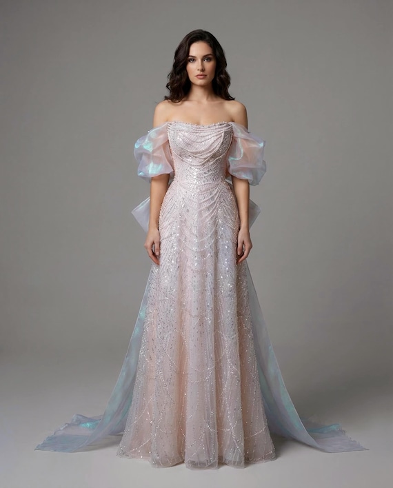 Iridescent Sequin Mermaid Gown – Off-shoulder Pearl Beaded Evening Dress